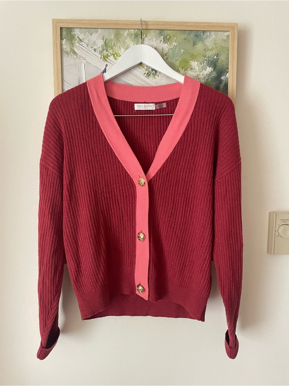 Ramy Brook Nina Cardigan Sweater Red Pink Cabernet Colorblock Size XS Oversized